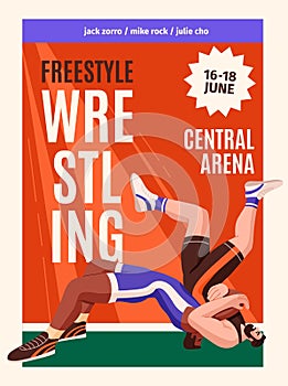 Advertising poster of freestyle wrestling battle. Promotion of sport event, fighter competition. Professional wrestler