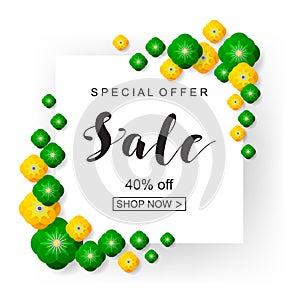 Advertising poster with green and yellow paper cut flowers on white background. Can be used for promotions, posters, brochures, t