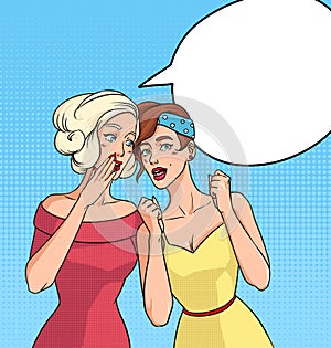 Advertising poster with two girls. Beautiful girlfriends talking. Square background with place for text. Empty blank