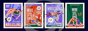 Advertising posters of freestyle wrestling competition, sport event set. Professional wrestlers raise, throw opponent