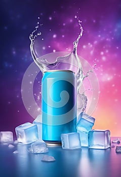 advertising product can drink packaging mockup with ice cube and water splash effect on vibrant background