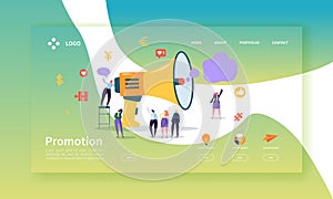 Advertising and Promotion Landing Page Template. Promo Marketing Website Layout with Flat People Characters Megaphone