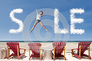 Advertising sale cloud and girl jump over beach chairs