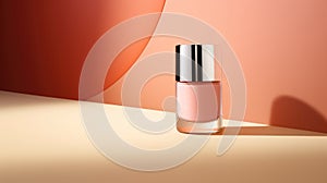 Advertising shot of light pink nail polish bottle presented as a no brand mockup on red background