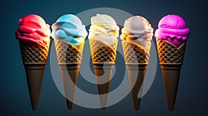 Advertising shot, multicolored illuminated ice cream balls in cones in a row, isolated on dark gray background