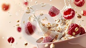 Advertising shot of oat meal in ceramic pink bowl with milk splashes, raspberries and flakes, cereals on light brown