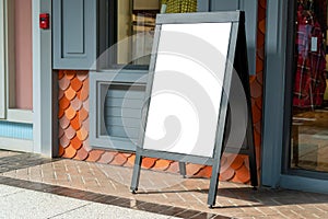 Advertising stand banners mockup, Mock up of a standing poster, Blank wood frame outdoor stand mockup poster display at store