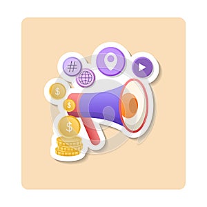 Advertising submission sticker illustration. Loudspeaker, coin, geo location, play. Editable vector graphic design.