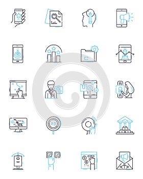 Advertising techniques linear icons set. Persuasion, Attention, Targeting, Appeal, Subliminal, Messaging, Branding line