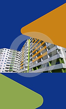 Advertising template of apartment sale and rental property. New residential building on blue background with orange and green