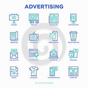 Advertising thin line icons set: billboard, street ads, newspaper, magazine, product promotion, email, GEO targeting, social