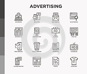 Advertising thin line icons set: billboard, street ads, newspaper, magazine, product promotion, email, GEO targeting, social media