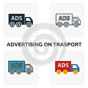 Advertising On Trasport icon set. Four elements in diferent styles from advertising icons collection. Creative advertising on