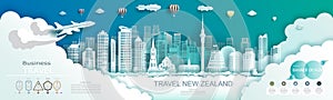 Advertising travel brochure New zealand top world modern skyscraper and famous city