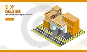 Advertising web poster or landing page deign with isometric shop building.