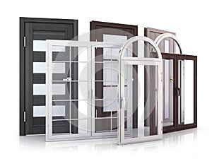 Advertising windows and doors on white background