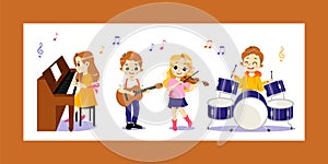 Advertisment Of Music Classes For Children Concept. Happy Talented Children Play Percussion, Piano, Violin, Guitar. Kids