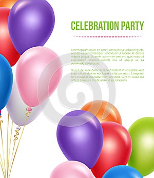 Advertizing poster with balloons. Transparent colored flying helium balloons for surprise birthday party vector