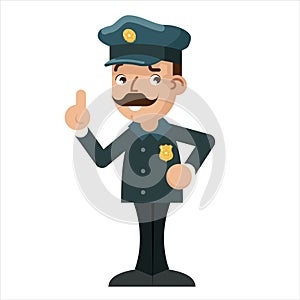 Advice pointing finger up gesture policeman detective police cartoon flat design vector illustration