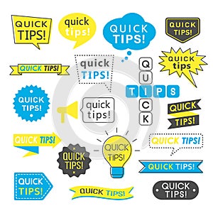 Advice, quick tips, helpful tricks and suggestions logos, emblems and banners isolated on white