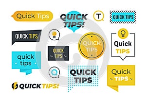 Advice shapes. Quick tips helpful tricks emblems and logos, tip reminder banner design. Vector set of helpful advices