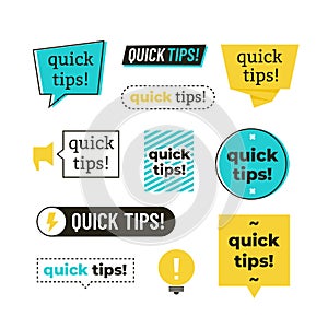 Advice, tip, quick tips, helpful tricks and suggestions vector logos, emblems and banners vector set isolated