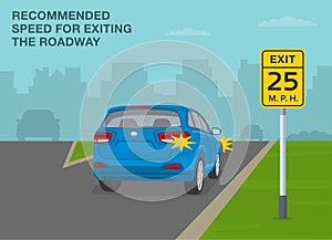 Advisory exit speed sign meaning. Back view of suv car on highway exit.