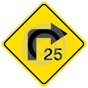 Advisory turn speed yellow sign on white background