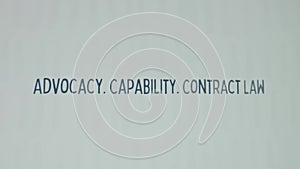 Advocacy. Capability. Contract Law inscription on white paper sheet background. Graphic presentation with words