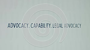 Advocacy. Capability. Legal Advocacy inscription on white paper sheet background. Graphic presentation. Legal concept