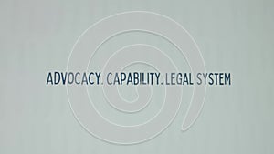 Advocacy. Capability. Legal System inscription on white paper sheet background. Graphic presentation. Legal concept
