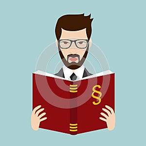 Advocate, lawyer reading a law book. Flat vector photo