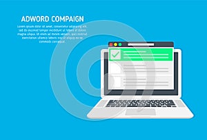 Adword campaign, Search marketing, PPC advertising banner with icons and texts. Vector concept with flat illustration