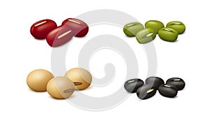 Adzuki, black gram, soy and mung beans isolated on white background