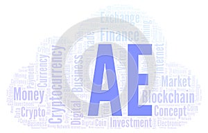 AE or aeternity cryptocurrency coin word cloud.