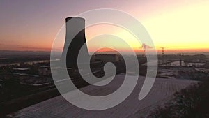 Aearial drone winter nuclear power plant sunset sunrise dawn landscape