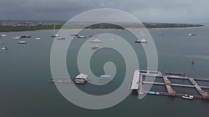 Aearial shot drone flying over sail boat