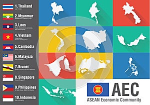 AEC Asean Economic Community world map with a flat style and fla
