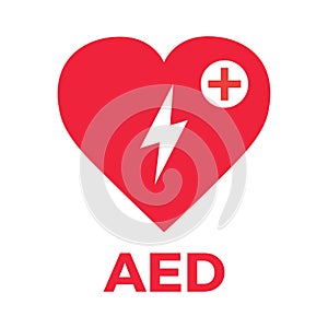 AED. Automated external defibrillator. AED sign with heart and electricity symbol flat vector icon