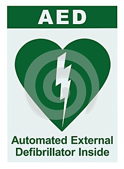 AED Automated External Defibrillator Inside On Site Text, Green Icon, White Sign Sticker Label Isolated Vertical