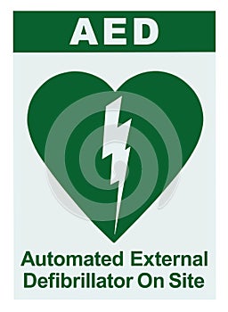 AED Automated External Defibrillator Inside On Site Text, Green Icon, White Sign Sticker Label Isolated Vertical, Cardiopulmonary photo