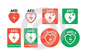 AED symbol icon. Heart first aid defibrillator sign. Automated external device for heart attack logo photo