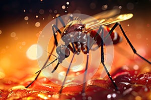 Aedes mosquito that carries dengue fever, Zika virus is sucking blood on a person\'s skin. Generative Ai