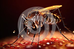 Aedes mosquito that carries dengue fever, Zika virus is sucking blood on a person\'s skin. Generative Ai