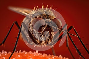 Aedes mosquito that carries dengue fever, Zika virus is sucking blood on a person\'s skin. Generative Ai