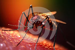 Aedes mosquito that carries dengue fever, Zika virus is sucking blood on a person\'s skin. Generative Ai