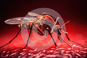 Aedes mosquito that carries dengue fever, Zika virus is sucking blood on a person\'s skin. Generative Ai