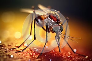 Aedes mosquito that carries dengue fever, Zika virus is sucking blood on a person\'s skin. Generative Ai