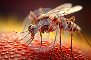 Aedes mosquito that carries dengue fever, Zika virus is sucking blood on a person\'s skin. Generative Ai