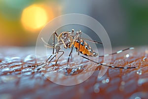 Aedes Mosquitoe bite and feeding blood on human skin ,AI generated
